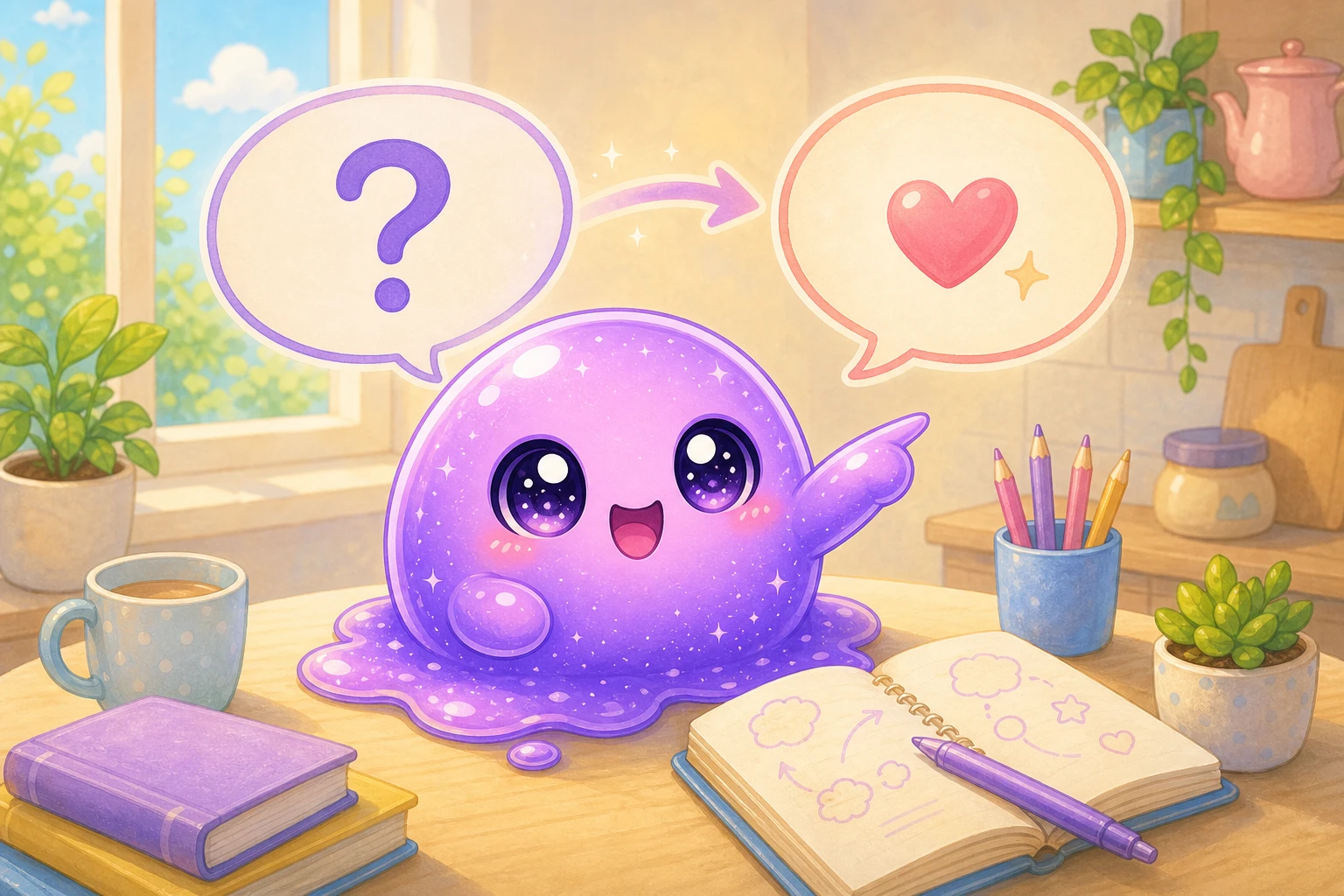 Polly pointing from a question bubble to an answer bubble in a sunny study nook.