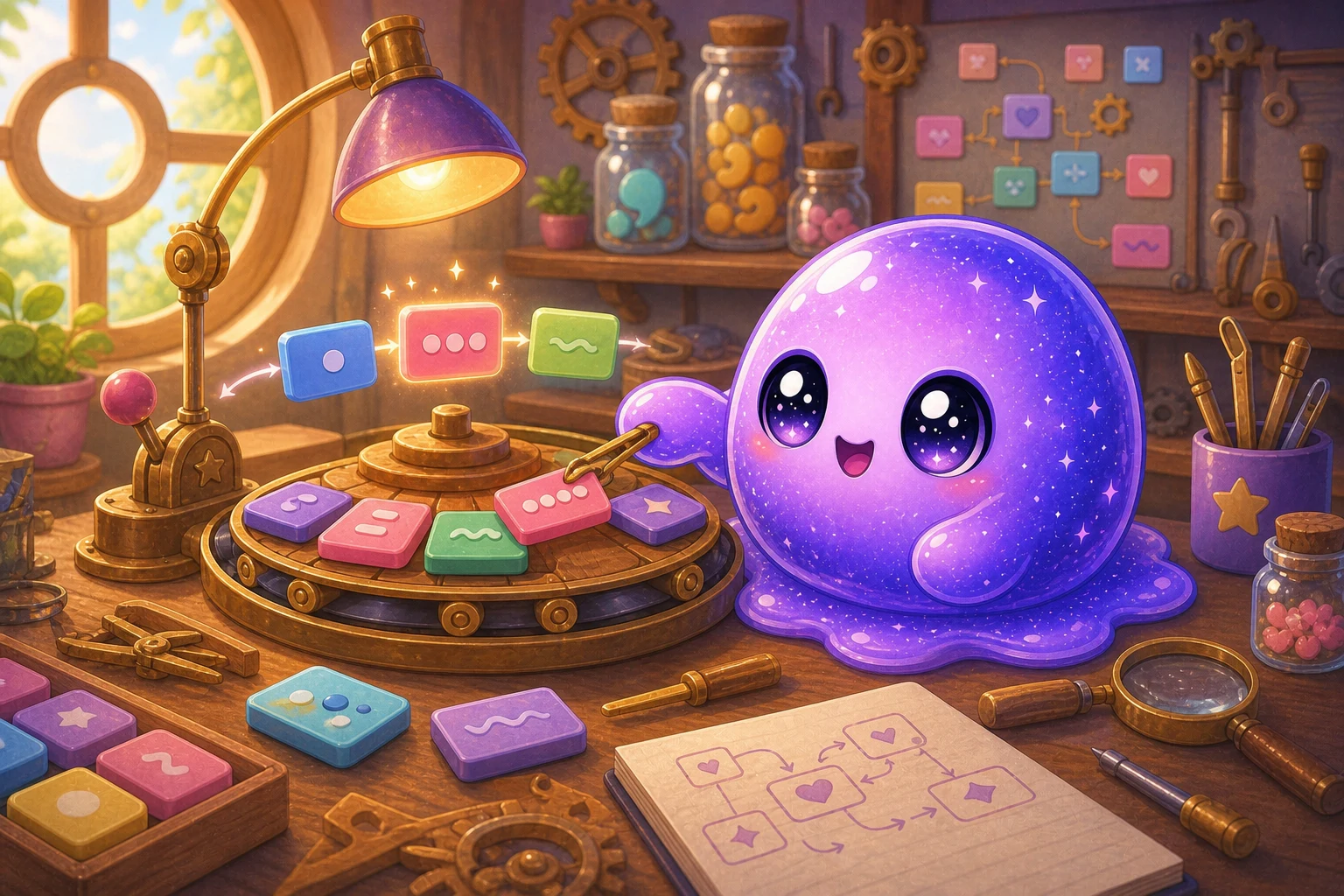 Polly swapping one sentence tile at a time in a cozy language workshop.