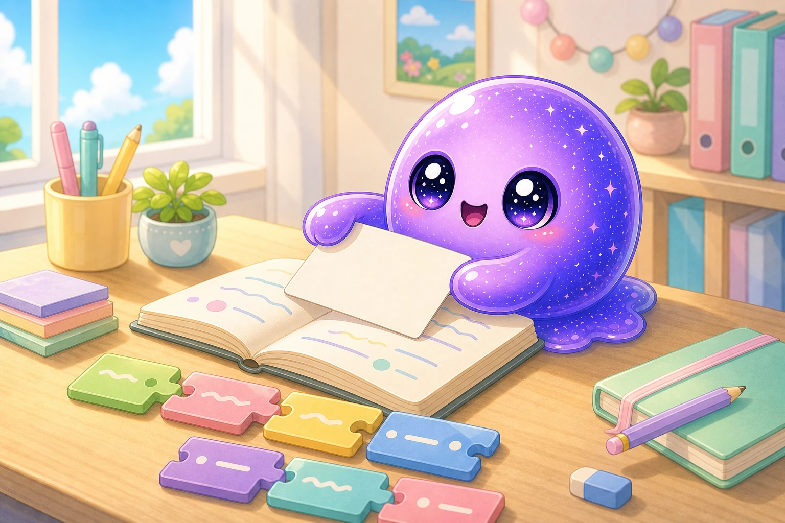 Polly covering an open book while rebuilding a sentence from colorful tiles at a sunny desk.