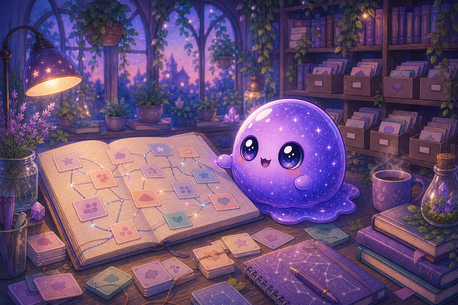 Polly arranging connected word cards in a warm language greenhouse.
